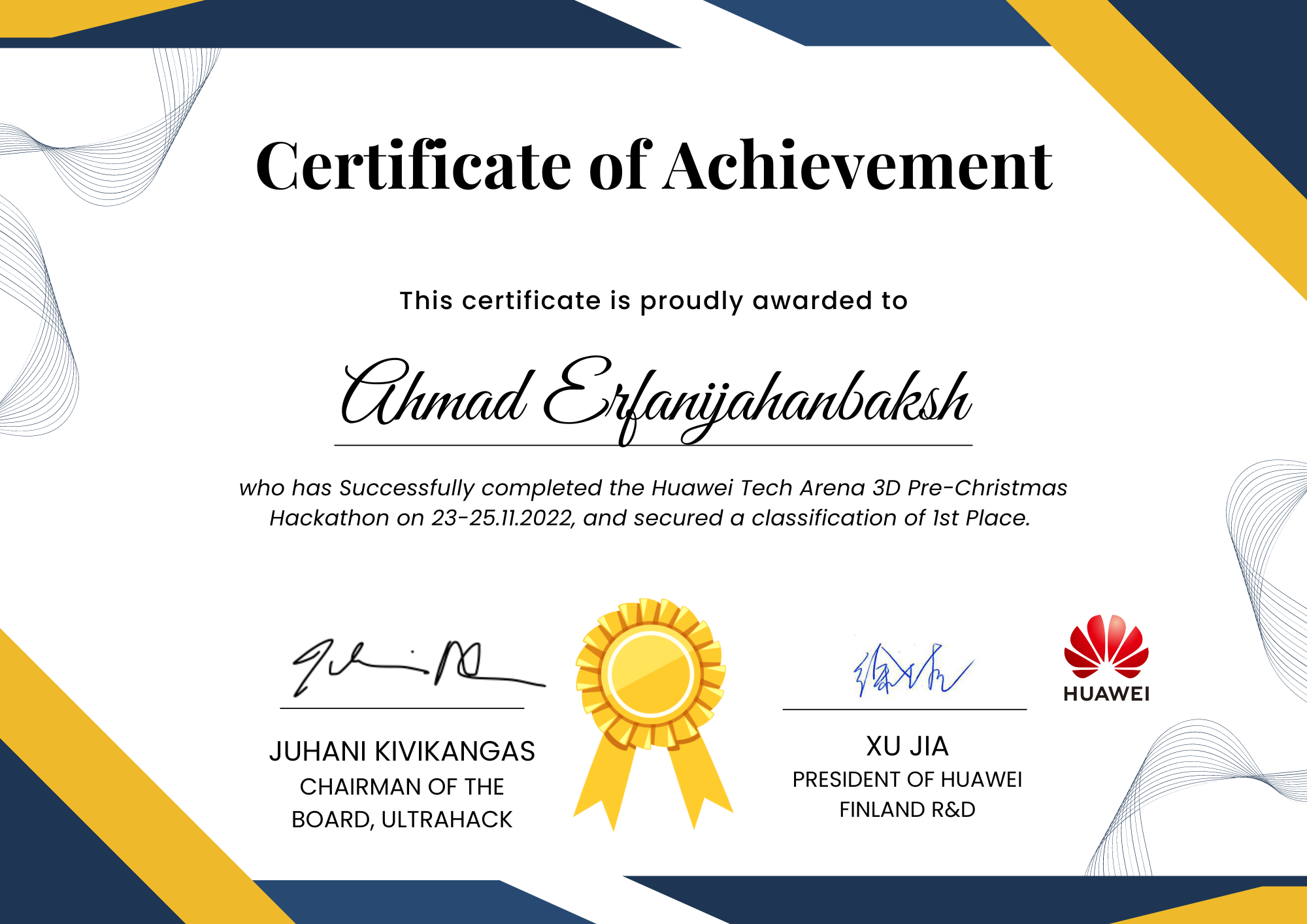 Huawei 2022 Tech Arena certificate for Ahmad Erfani Jahanbakhsh
